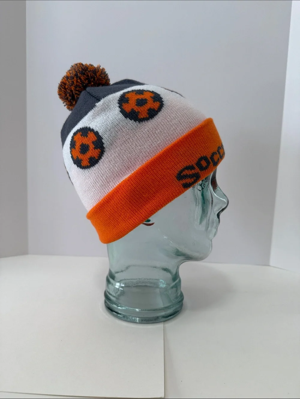 Soccer Shots Kids Orange & White Pom Knit Beanie